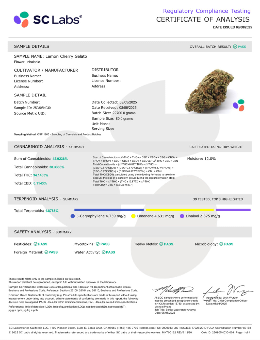 Lemon Cherry Gelato 37.91% THCa Hemp Flower (Light Dep) Indica