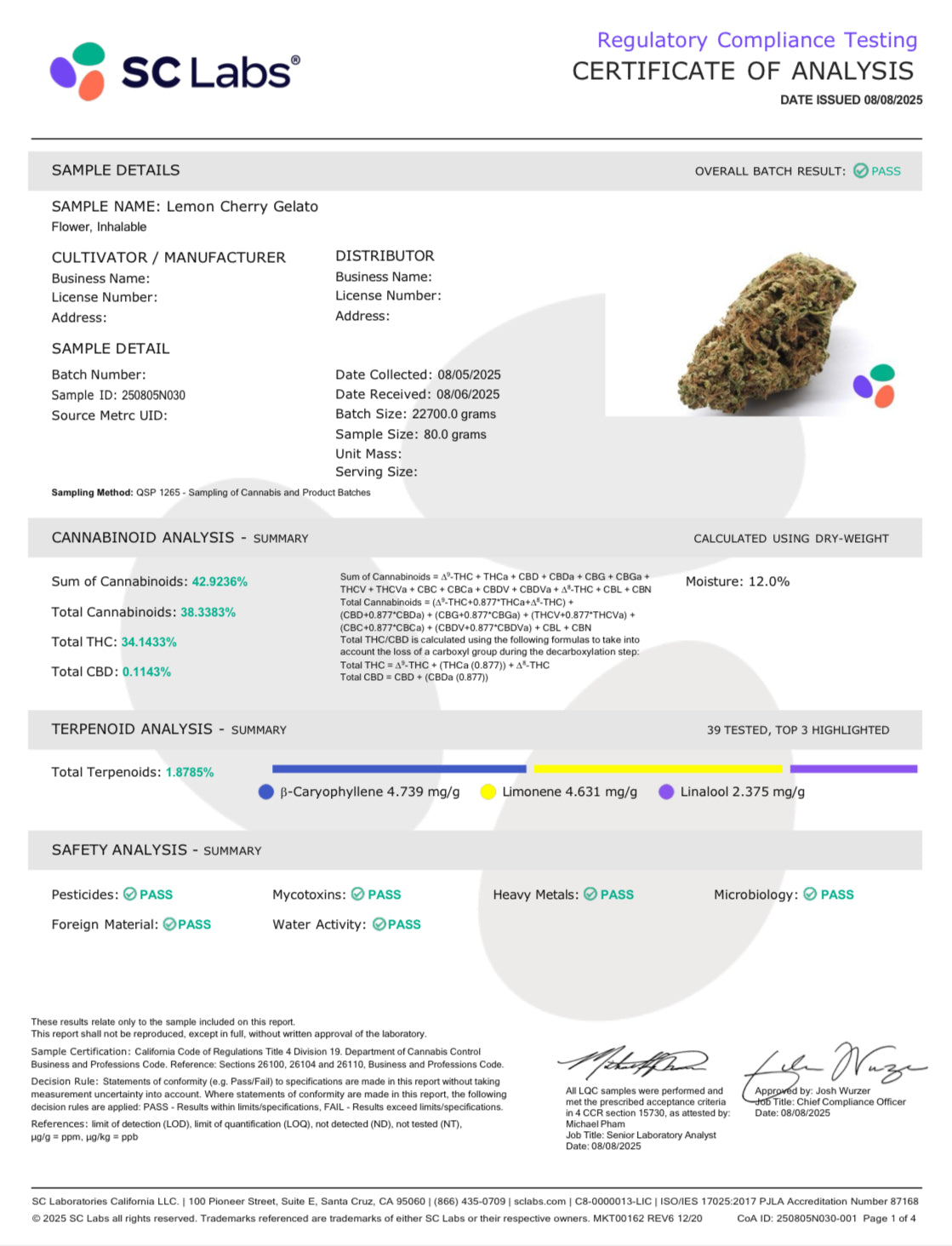 Lemon Cherry Gelato 37.91% THCa Hemp Flower (Light Dep) Indica